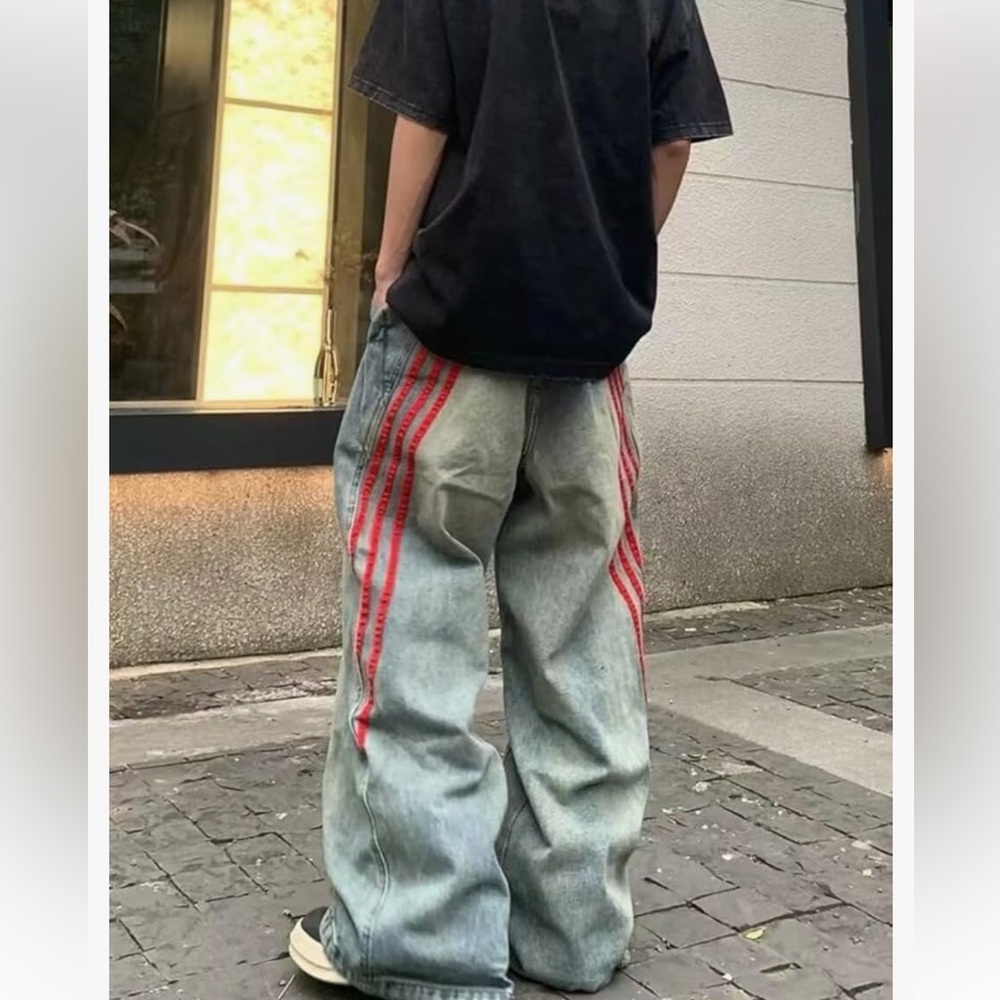 BH Grunge wide leg Baggy Jeans Red Stripes retro loose patchwork hip hop L